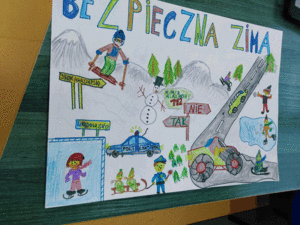 plakat dziecka z rozstrzygnięcia konkursu „Bezpieczna Zima 2021”