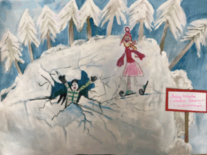 plakat dziecka z rozstrzygnięcia konkursu „Bezpieczna Zima 2021”
