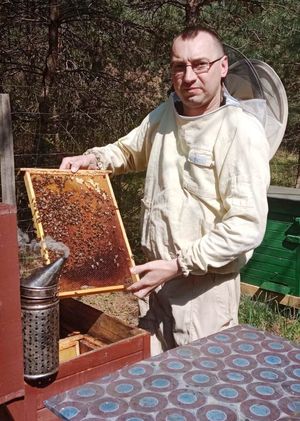 pszczelarz podczas swojej pracy