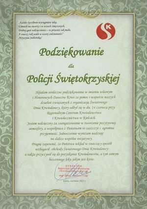 Podziękowania od Regionalnego Centrum Krwiodawstwa i Krwiolecznictwa w Kielcach