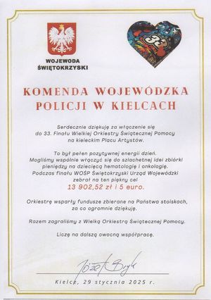 Podziękowania od Wojewody Świętokrzyskiego w związku z włączeniem się KWP w Kielcach do 33. Finału Wielkiej Orkiestry Świątecznej Pomocy