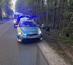 policyjny radiowóz, karetka i auto w rowie