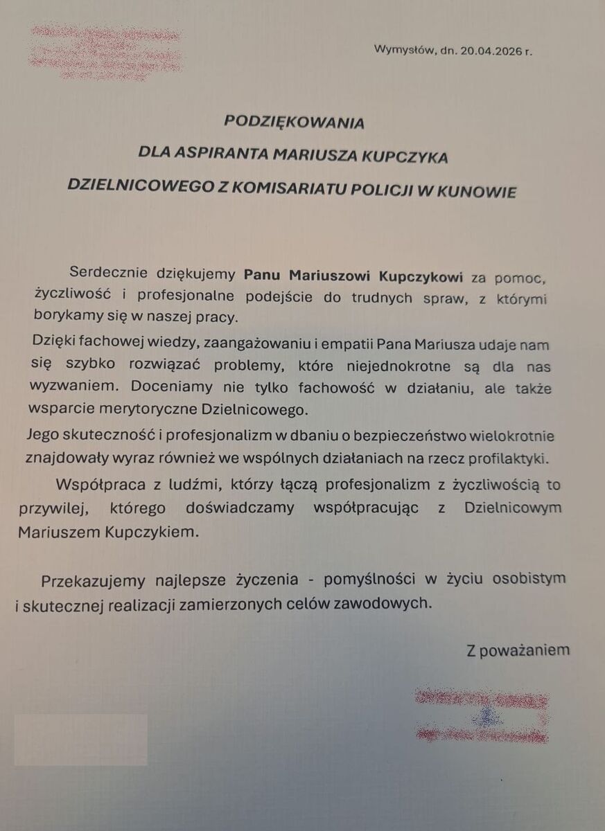Podziękowania dla dzielnicowego z Komisariatu Policji w Kunowie